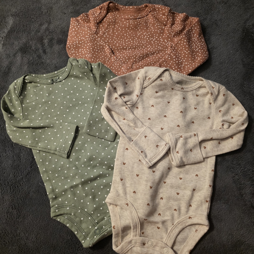 Set of Three Baby Bodysuits in Green, Brown, and Beige